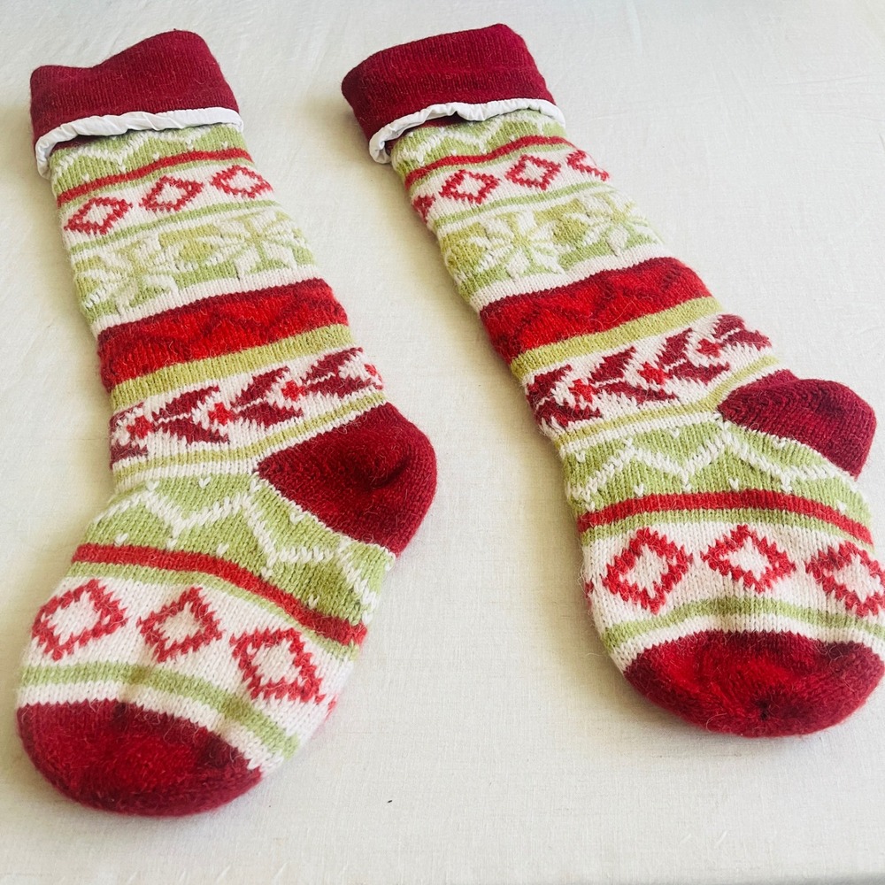 Vintage Bulky Knit Fair Isle Boho Christmas Stockings Red Green White Set of 2